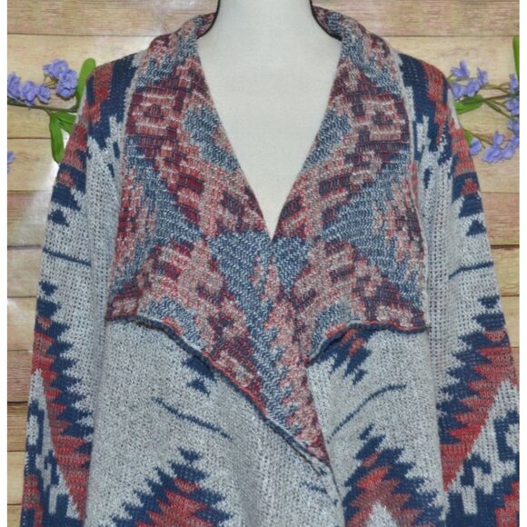 RD Style Ladies Gray Open Front Cardigan Sweater Size L Southwest Aztec Warm - Picture 2 of 13